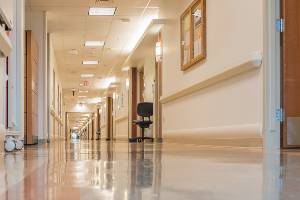 hallway with lights on in hospital