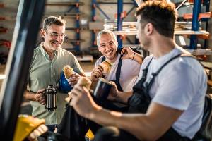 warehouse workers on lunch break