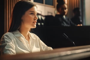 young female witness on the stand in a courtroom