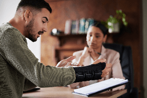 injured male worker with female attorney