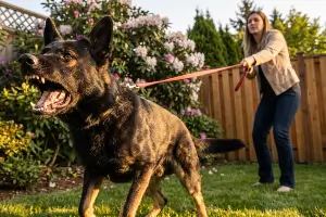 female holding dangerous dog on leash