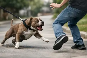 dog on leash lunging at passerby