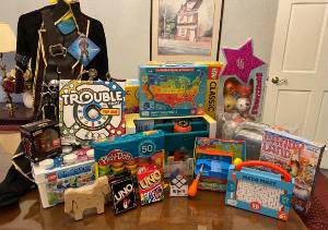 table with toy donations on display